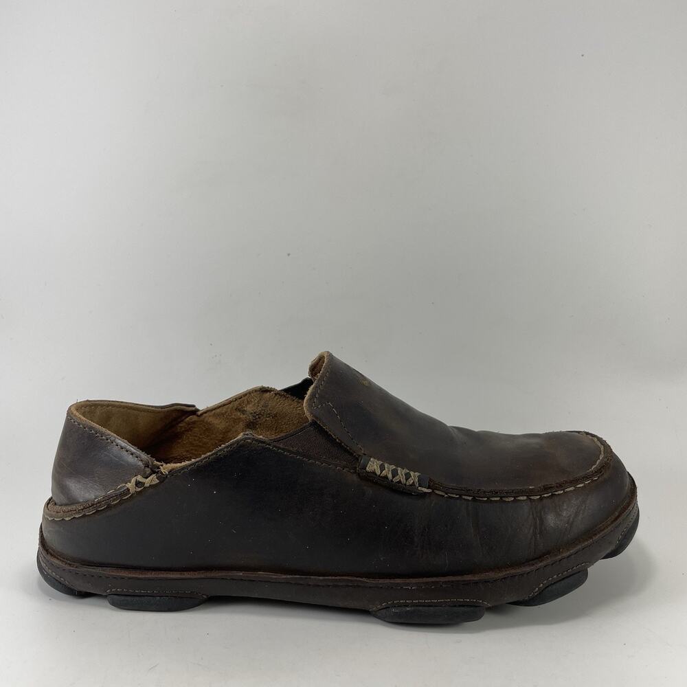 OluKai Moloa Dark Wood Leather Loafers Slip On Casual Shoes Mens Size 8 Hawaiian